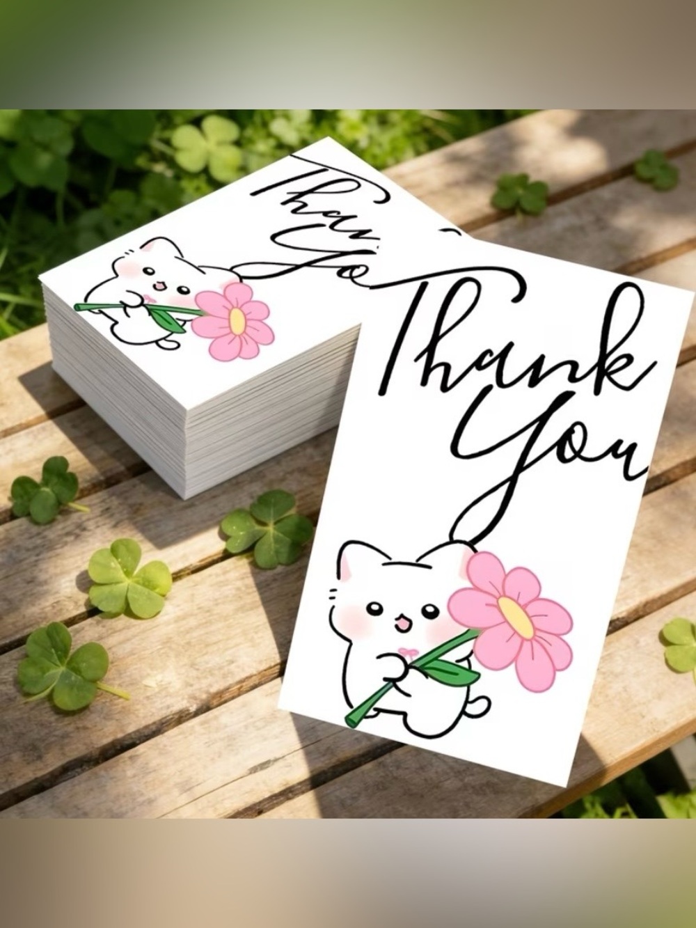 Set of 50 Cute Cat Holding Pink Flower Thank You Cards